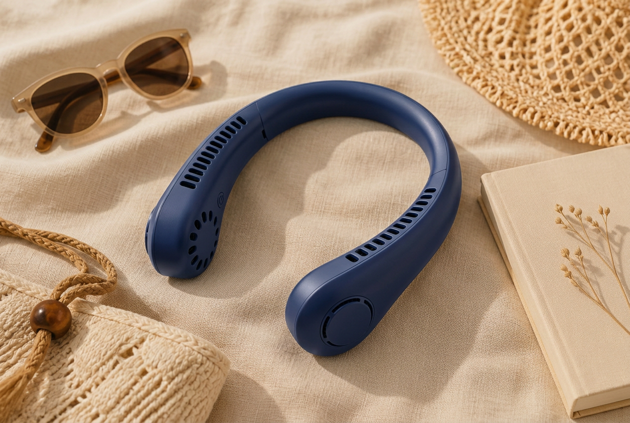 Bryzza neck fan flat lay with summer accessories